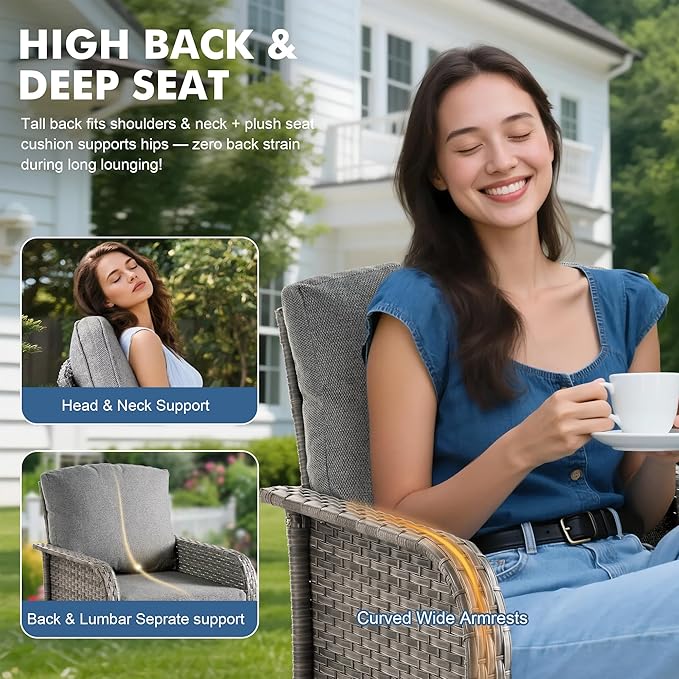 Wicker Patio Furniture Set High Back Loveseat Sofa Couch Armchair Coffee Table, All Weather Rattan 4 Pieces Outdoor Conversation Sets for Patio Porch Deck Backyard Poolside, Dark Gray