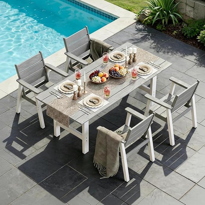 Outdoor Dining Set,5-Piece Patio Table and Chairs Set for 4, HDPE Outdoor Dining Table and Chairs with Umbrella Hole, All-Weather Patio Dining Furniture Set,White Grey