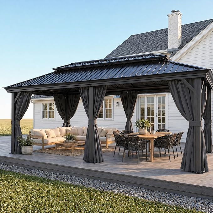 HOTEEL 12x20 Gazebo on Clearance with Metal Roof, Heavy Duty Hardtop Gazebo with Flame-Retardant Curtain & Netting, Outdoor Hard Top Gazebos with Galvanized Steel Double Roof for Backyarad,Patio Black