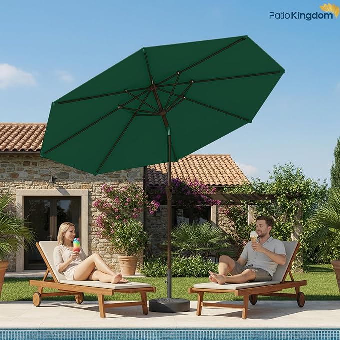 9FT Patio Umbrella 2-Tier Outdoor Market Table Umbrella with Push-Button Tilt & Crank | UPF 50+ & Waterproof for Backyard,Garden,Pool,Deck(Dark Green)