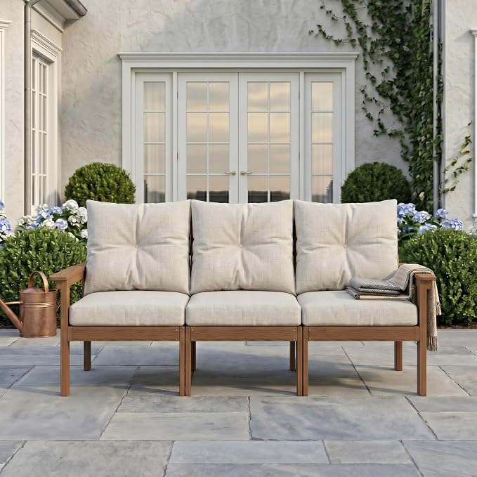 HDPE Outdoor Patio Furniture Set, 10-Piece Patio Conversation Set with 3-Seat Sofa, 4 Armchairs, 2 Side Tables & 1 Coffee Table, All-Weather Outdoor Sofa Set for Deck, Porch, Garden (Teak Frame)