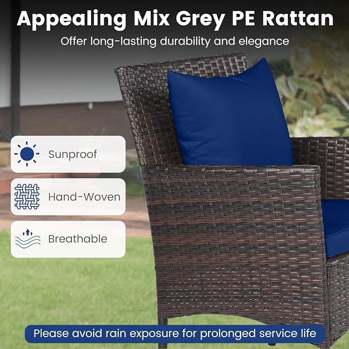 DORTALA Wicker Patio Furniture Set 3 Piece, Small Outdoor Table & Chairs with Tempered Glass Tabletop, Cushions, Rattan Conversation Bistro Set for Balcony, Porch, Backyard, Deck, Mix Brown+Navy