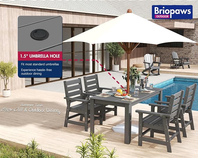 BRIOPAWS Outdoor Dining Table | HDPE | 67” Patio Rectangle Tables | All Weather | Umbrella Hole | Patio Furniture Set for 4-6 Person | Grey