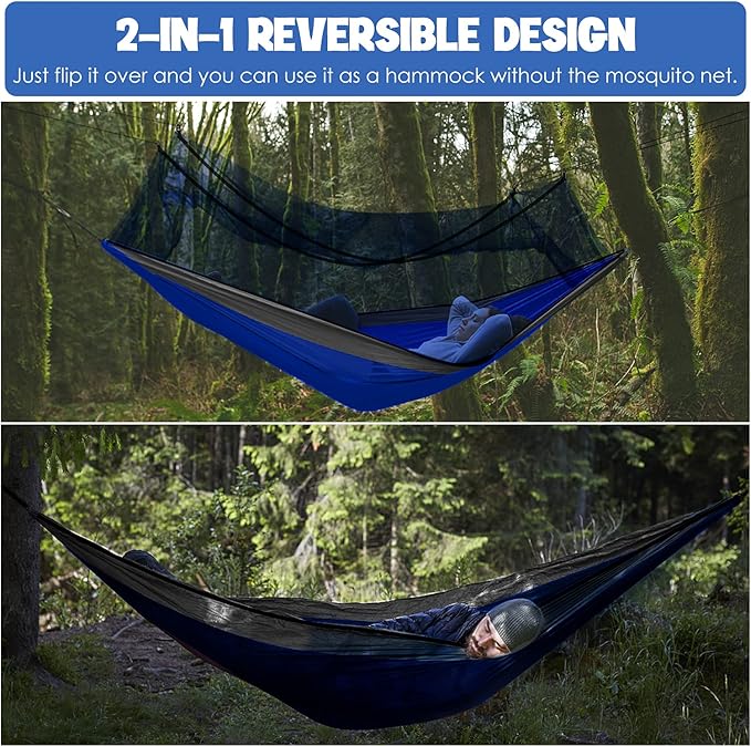 Gold Armour Camping Hammock - Camping Essentials, Double Hammock with Bug Net, Camping Gear Hammock for Outside, Hiking, and Travel (Blue & Gray)