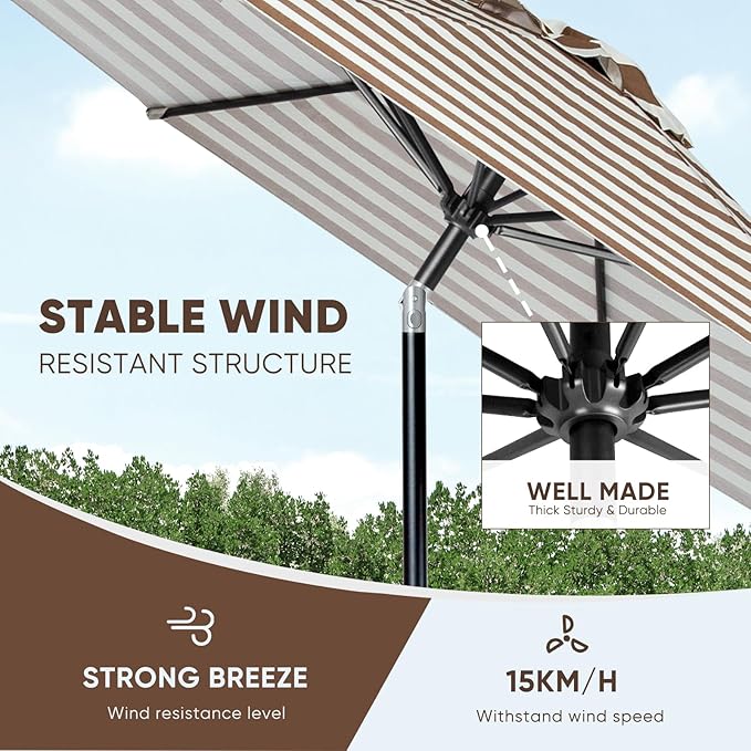 Tempera Patio Market Outdoor Table Umbrella with Push Button Tilt and Crank, Large Sun Umbrella with Sturdy Pole & Fade Resistant Canopy, Easy to Set