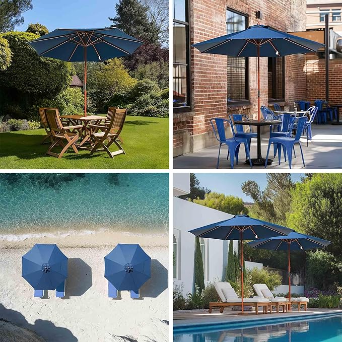 9 Ft Wooden Patio Umbrella 8 Ribs Table Parasol Rope Pulley Outdoor Garden Yard
