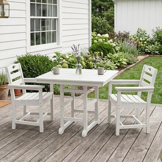 WILLIAMSPACE 37.8" Outdoor Patio Dining Set with 2 Armchairs, All Weather HDPE Square Dining Table with Umbrella Hole, Patio 3-Piece Bistro Set for Backyard, Balcony, Lawn, Kitchen (White)