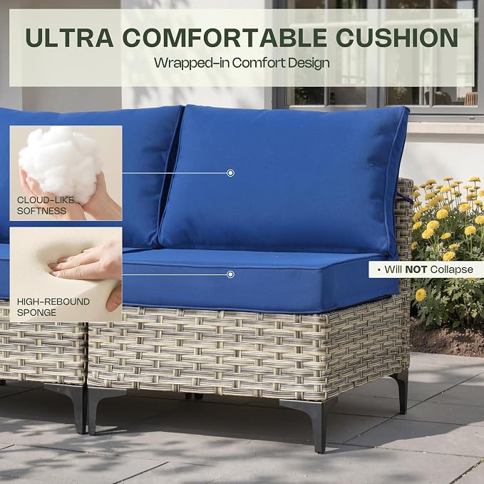 11 Piece Patio Furniture Set Outdoor Sectional with 54" Fire Pit Table, Wicker Swivel Rocking Chairs and L-Shaped Rattan Couch, Modular Conversation Set with Solar Coffee Table for Backyard, Navy Blue