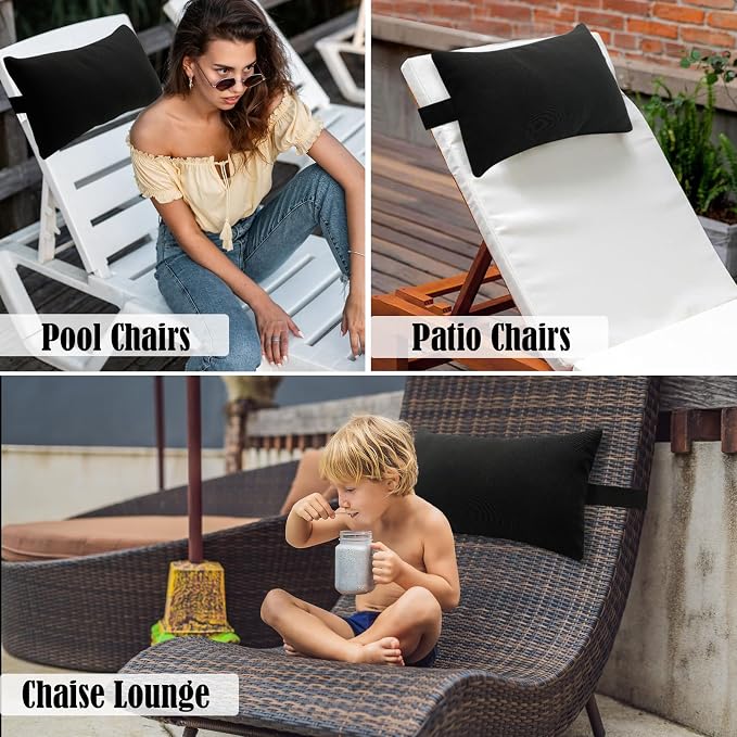 Chaise Lounge Head Resting Pillows, Waterproof Outdoor Pillows | 2 Pack Head Support Pillow with Adjustable Elastic Stripe for Garden Furniture Decorative, Khaki