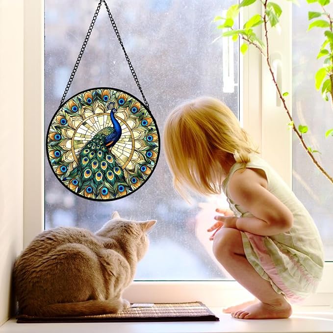 DASTOLL Stained Glass Window Hanging - Retro Peacock Decoration Suncatcher for Door Garden Home Bird Feather Sun Catchers Christmas Mother's Day Birthday Gifts for Women Men Mom Nana Friend 11.8 in