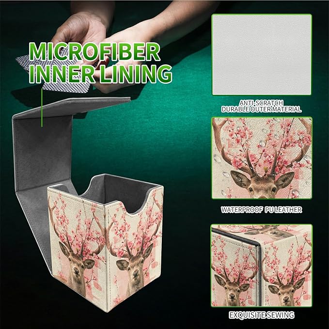 Peach Blossom Deer Card Deck Box for MTG, Personalized Card Storage Case Fits 120+ Sleeved Cards, Premium Leather TCG Box with Strong Magnetic Closure for Magic, CCG, PTCG, Baseball Cards
