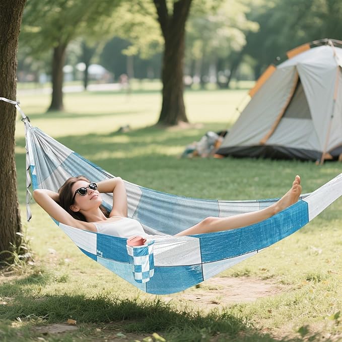 Light Blue and White Checkered Pattern 330lb Capacity Hammocks for Camping with Portabl Carry Bag Tree Hammock for Outside Patio Garden accesorios para Camping