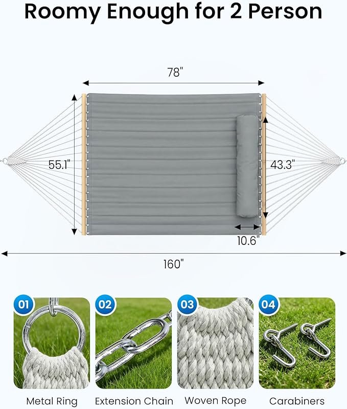 Double Hammock with Spreader Bar & Pillow, 2-Person Portable Hammock, 500lbs Capacity for Outdoor Camping, Patio, Backyard, Garden, Beach & Travel Relaxation – Gray