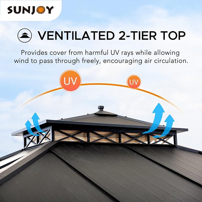 Sunjoy Hardtop Gazebo 11 x 13 ft. Outdoor Patio Black Anti-Rust Aluminum Frame, Double Tiered Gazebo with Ceiling Hook and Mesh Netting, Black