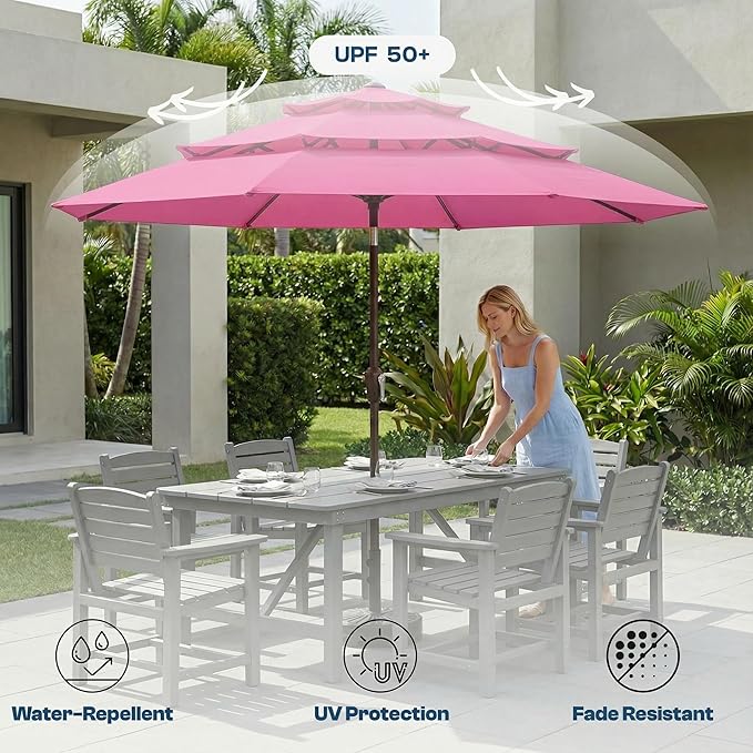 10ft Patio Umbrella, 3 Tier Outdoor Market Table Umbrellas with 8 Fiberglass Ribs and Push Button Tilt, Windproof, Vented Canopy, UV Protection for Deck, Pool, Backyard