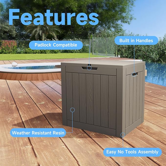 Outdoor Waterproof Resin Storage Deck Box Lockable Outside Bench UV Resistant Bin Patio Porch Furniture Pool Float Garden Tool Cushion Grey 35 Gallon