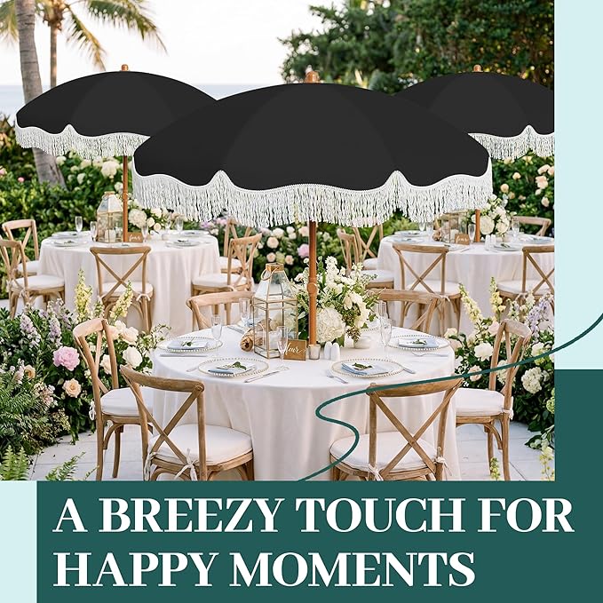 AreShark 7ft Patio Umbrella with Fringe, UPF50+ Beach Umbrella for Table, Pool & Garden, Portable Outdoor Tassels Umbrella w/Fiberglass Ribs&Push Bottom Tilt(Black)