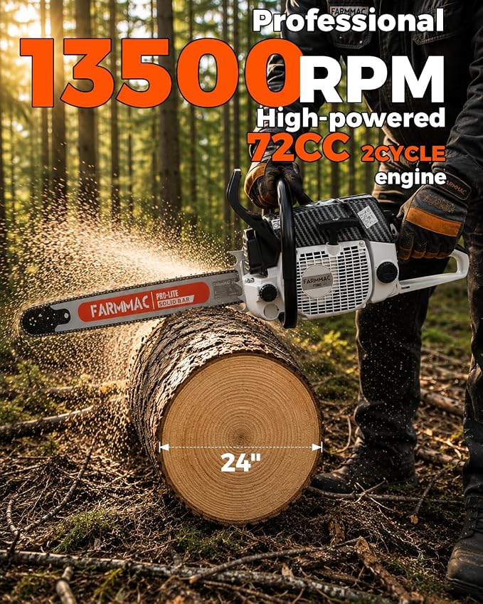 F380W Gas Chainsaw with 24 Inch Alloy Solid Bar, 72cc 2-Cycle Gasoline Power Chain Saws, 3.6KW 4.8HP for Professional Logging Work, Power Chain Saw All Parts Compatible with MS381 MS380 038