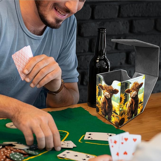 Sunflower Baby Cow Card Deck Box for MTG, Personalized Card Storage Case Fits 120+ Sleeved Cards, Premium Leather TCG Box with Strong Magnetic Closure for Magic, CCG, PTCG, Baseball Cards