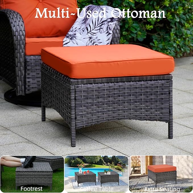 7-Piece Outdoor Patio Conversation Set with Storage Table, All Weather Wicker Rattan Conversation Set with Ottomans, Outdoor Sectional Swivel Rocking Chair for Patio, Porch,Red
