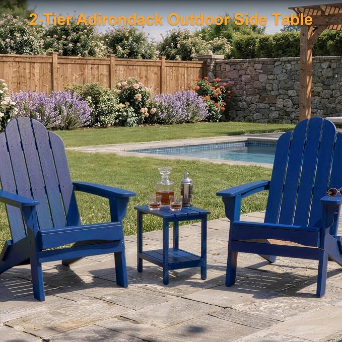 Outdoor Side Table, Small Square Patio Side Table with Adjustable Feet, All-Weather HDPE Adirondack End Tables for Porch Deck Balcony Pool, 2-Tier Storage, Easy Maintenance, Navy Blue