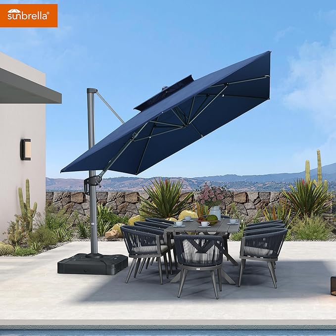 PURPLE LEAF Cantilever Umbrella with Base Included Outdoor 10' X 13' Double Top Large Rectangle Umbrella Heavy Duty 360° Rotation Offset Sun Shade for Garden Patio Deck Pool Spectrum Indigo