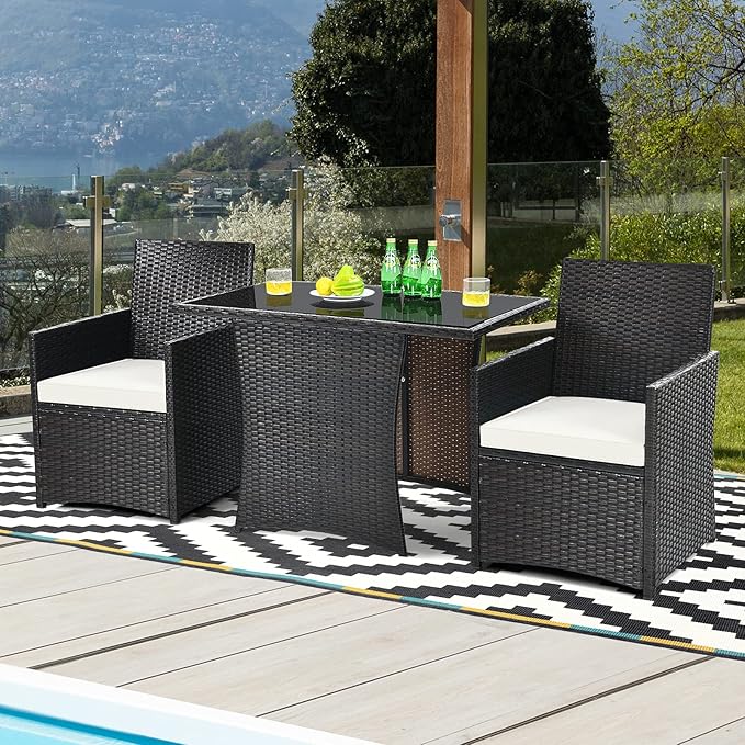 Tangkula 3 Pieces Patio Dining Set, Space-Saving PE Rattan Bistro Set with Tempered Glass Top Table and Cushioned Chairs, Outdoor Conversation Set for Garden Backyard Poolside Porch (White)
