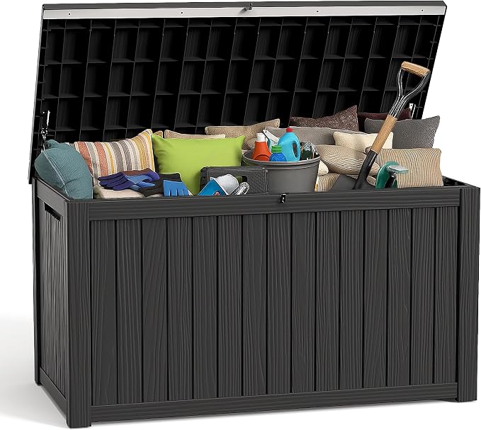 Deck Box Large Outdoor Storage for Patio Furniture,Outdoor Cushions,Garden Tools and Pool Supplies,Waterproof,Resin,Lockable (Black, 200 Gallon)