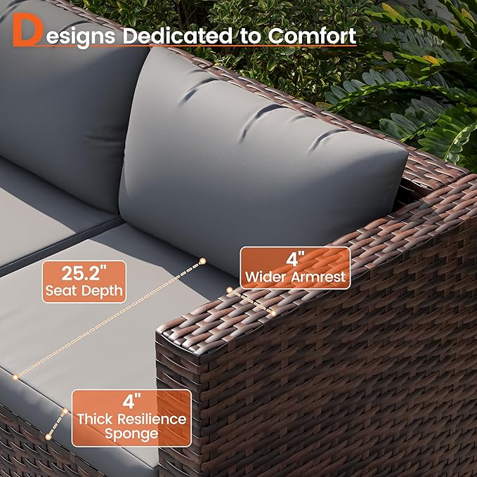 8 Piece Patio Furniture Set with 44" Fire Pit Table, Outdoor Sectional Wicker Rattan Sofa Set with Coffee Table (Grey/Brown)