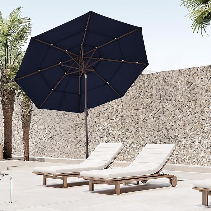 JEAREY 9FT 3 Tier Patio Umbrella Outdoor Market Umbrella Table Umbrellas with 8 Ribs 1.5 Pole Push Button Tilt and Crank UV Protection for Garden,Navy