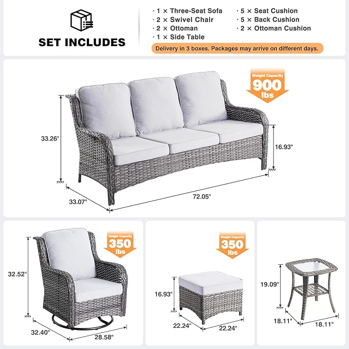 ovios 6-Pieces Patio Furniture Set with Swivel Chairs, Outdoor Wicker Sofa Couch Gliders Rocker Comfy Cushions, High Back Modern Conversation Set, Grey Rattan, Grey