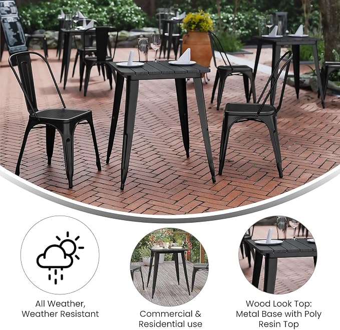 Flash Furniture Declan Commercial Outdoor Dining Table, All Weather Poly Resin Top with Steel Base, 23.75" Square, Black/Black