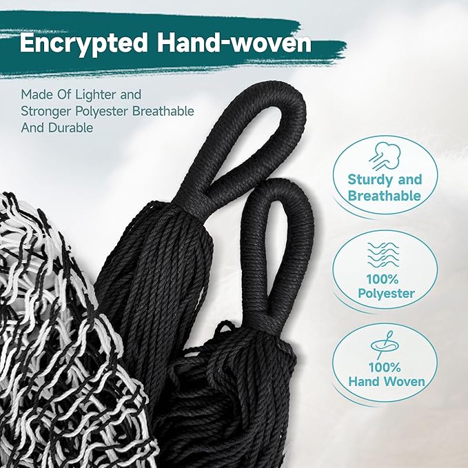 Handwoven Mayan Hammock - Breathable Open Weave for 1-2 Adults, Portable with Carry Bag by Bathonly (Backyard, Camping, Beach) - Black/White