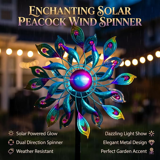 52'' Solar Wind Spinner Outdoor Metal - Kinetic Garden Wind Sculptures with Multi-Color Changing LED Glass Ball, Peacock Tail Design Yard Art Stake Decor for Patio, Lawn, Pathway Decoration