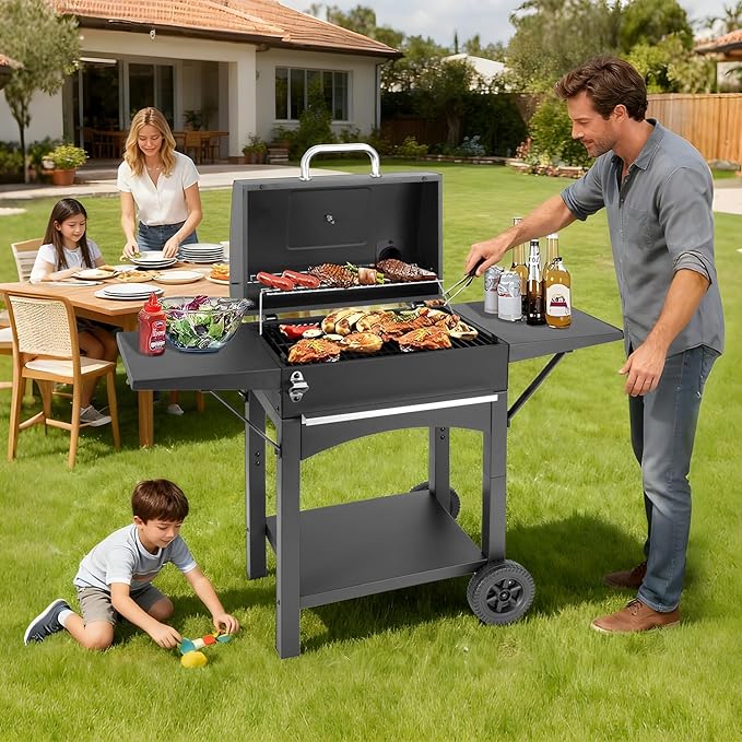 Kendane Charcoal Grill with Side Shelf, 353 Sq.Inch Cooking Area,Large Smoker Barbecue Grill with Warming Rack,Outdoor BBQ Grill with Charcoal Tray for Yard, Camping, Picnic
