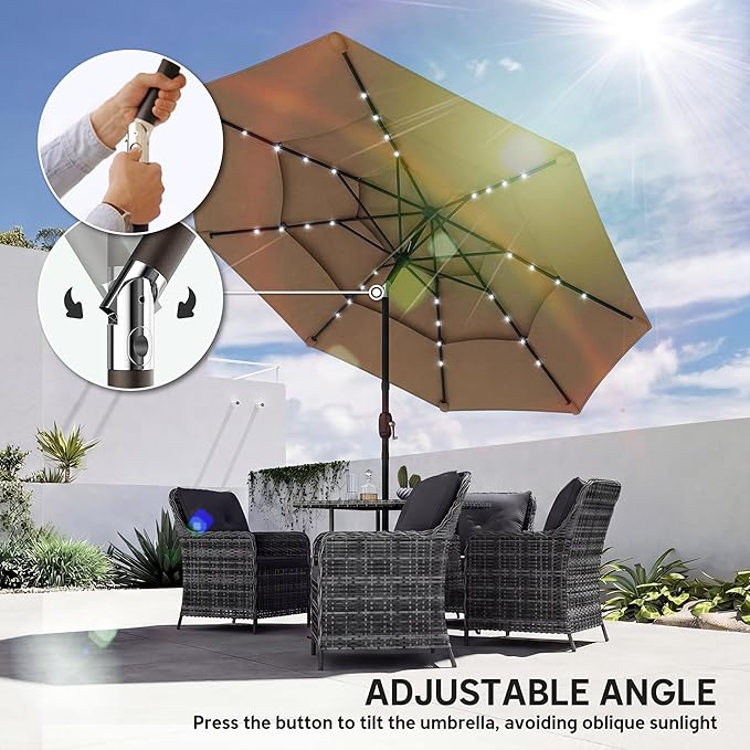 Outsunny 9.7 ft Outdoor Patio Umbrella with 32 Solar LED Lights, 3 Tier Outdoor Table Market Umbrella with Tilt and Crank, 8 Ribs for Garden, Deck, Yard, Poolside