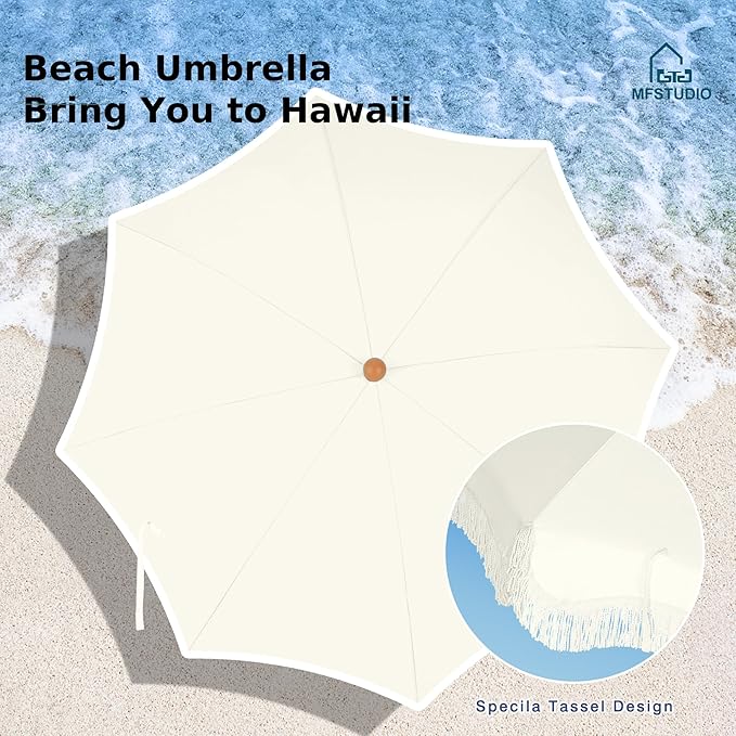 MFSTUDIO 7ft Patio Beach Umbrella with Fringe, Tassel Umbrellas UPF50+ with Sand Anchor & Tilt Button, Holiday Outdoor Umbrella with Carry Bag, Ideal for Garden Lawn Poolside, Ivory