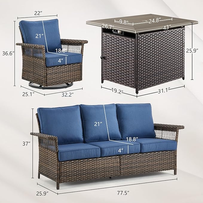 Patio Furniture Set with Fire Pit Table, 4PCS Patio Conversation Set Brown Resin Wicker Swivel Patio Chair and Sofa with 41in Rectangular Fire Table PE Rattan Patio Furniture Set
