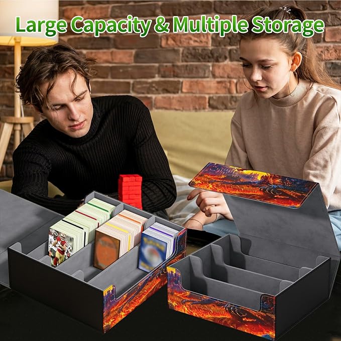 Card Deck Box for MTG, Cards Storage Box Fits 120+ Sleeved, Leather Big Size Strong Magnetic Closing Case for Board Games Magic TCG CCG Baseball Collection Women Man, Castle Flaming Dragon