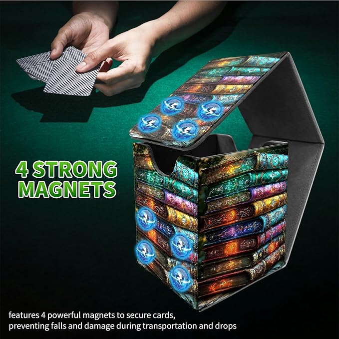 Colorful Books Card Deck Box for MTG, Personalized Card Storage Case Fits 120+ Sleeved Cards, Premium Leather TCG Box with Strong Magnetic Closure for Magic, CCG, PTCG, Baseball Cards