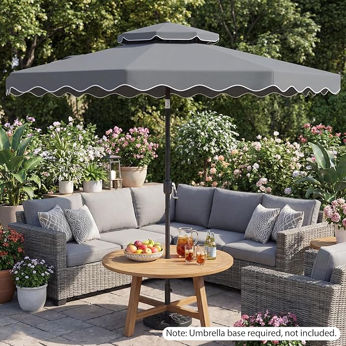 Happygrill 9 FT Patio Umbrella, Scalloped Outdoor Table Market Umbrella with Push Button Tilt & Crank, 2-Tier Vented Top, Heavy-Duty 8 Metal Ribs, Sun-Protective Canopy, Ruffle for Deck Pool Garden (Gray)