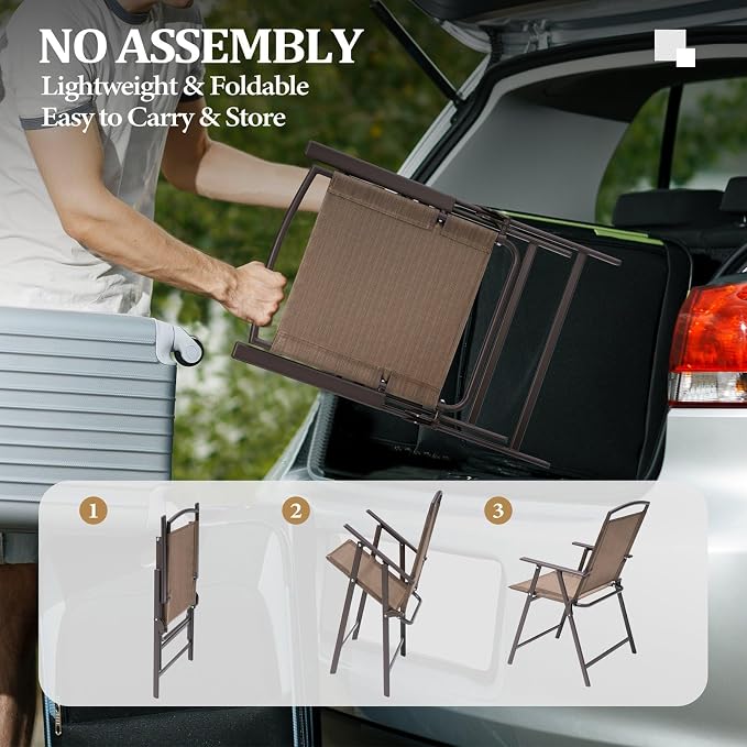 Crestlive Products 5 Piece Patio Dining Set with 4 Folding Chairs and Table Outdoor Dining Furniture with Square Glass Tabletop, Umbrella Hole for Bistro, Garden, Backyard, Deck (Brown)