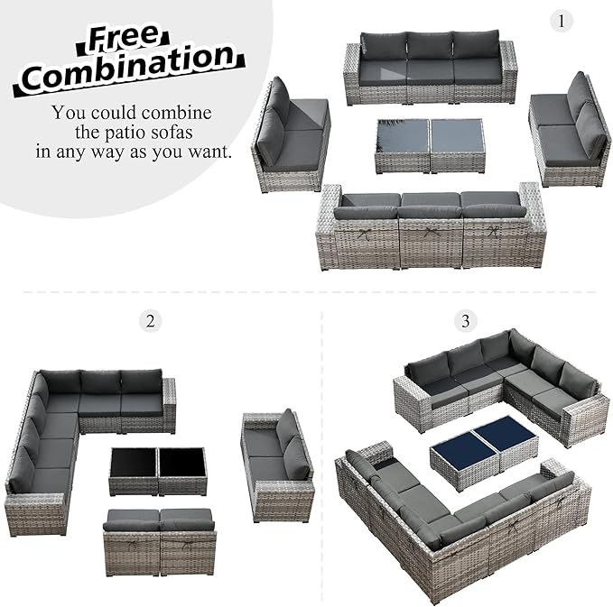 HOOOWOOO Outdoor Patio Sectional Furniture Sofa Set with Widened Armrest,12 Piece Large Modern Wicker Couch,Modular L Shaped Conversation Seating Set with Table for Out Door Garden Corner(Black)