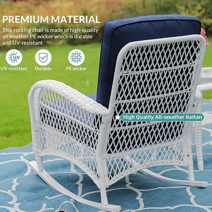 MEETWARM 4 Pieces Outdoor Wicker Patio Conversation Sets with Glider Loveseat, 2 Chairs with Coffee Table Wicker Rocking Chair Set, Patio Furniture Set with Thickened Cushions, White/Navy