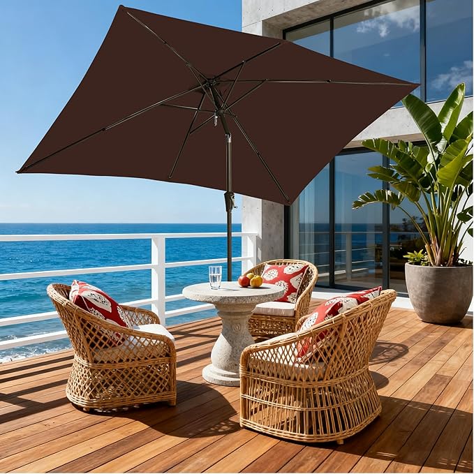 6.5x10FT Rectangular Patio Umbrella with Push Button Tilt & Crank Lift for Garden,UV Protection Outdoor Umbrella for Deck,Pool and Yard,Brown