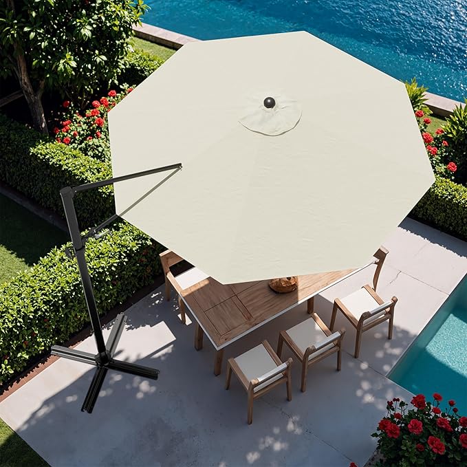 Devoko 10ft Cantilever Patio Umbrella, Round Large Outdoor Umbrella with 360-Degree Rotation, Hanging Offset Market Sun Umbrella, Easy Tilt and Heavy-Duty Frame, for Patio Backyard Garden, Beige