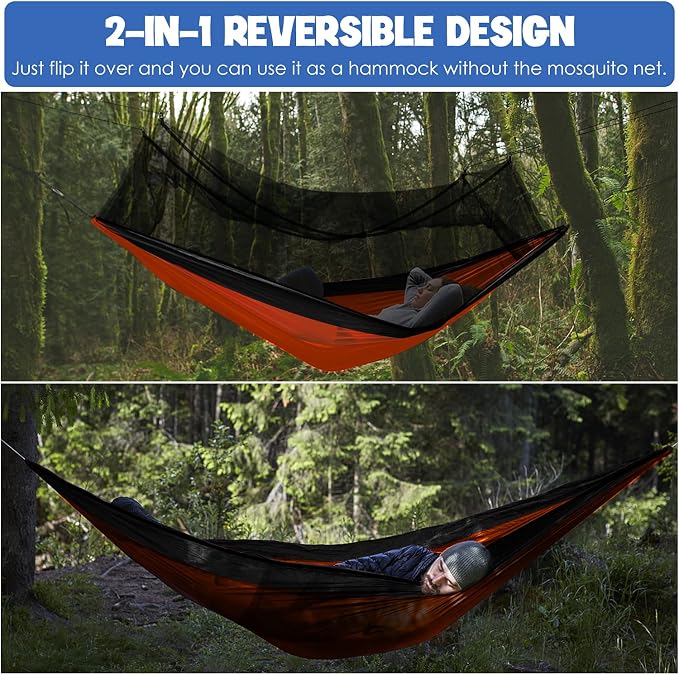 Gold Armour Camping Hammock - Camping Essentials, Double Hammock with Bug Net, Camping Gear Hammock for Outside, Hiking, and Travel (Orange & Black)