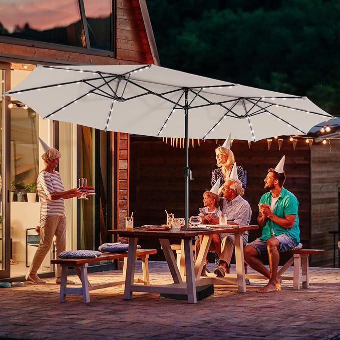 Giantex Large Outdoor Umbrella Double-Sided, 48 Solar Lights, Auto-Charging Solar Panel, Extra Large Patio Umbrella with Base and Crank, Outdoor Market Umbrellas for Poolside Garden