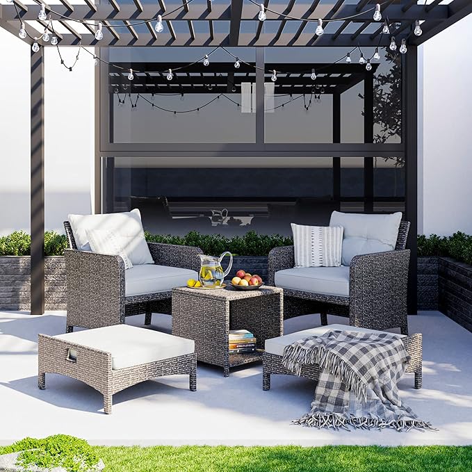 Pamapic 5 Pieces Wicker Patio Furniture Set Outdoor Patio Chairs with Ottomans Conversation Furniture with coffetable for Poolside Garden Balcony(Grey Cushion +Grey Rattan)