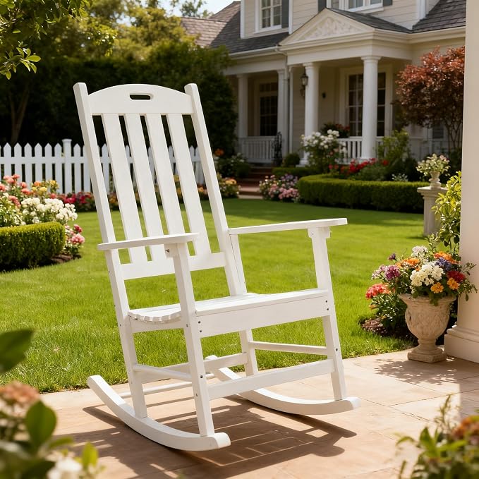 Wooden Rocking Chairs Outdoor, High Back and Armrest Porch Chair, All Weather Porch Rockers, for Porch/Garden/House Use.（White）